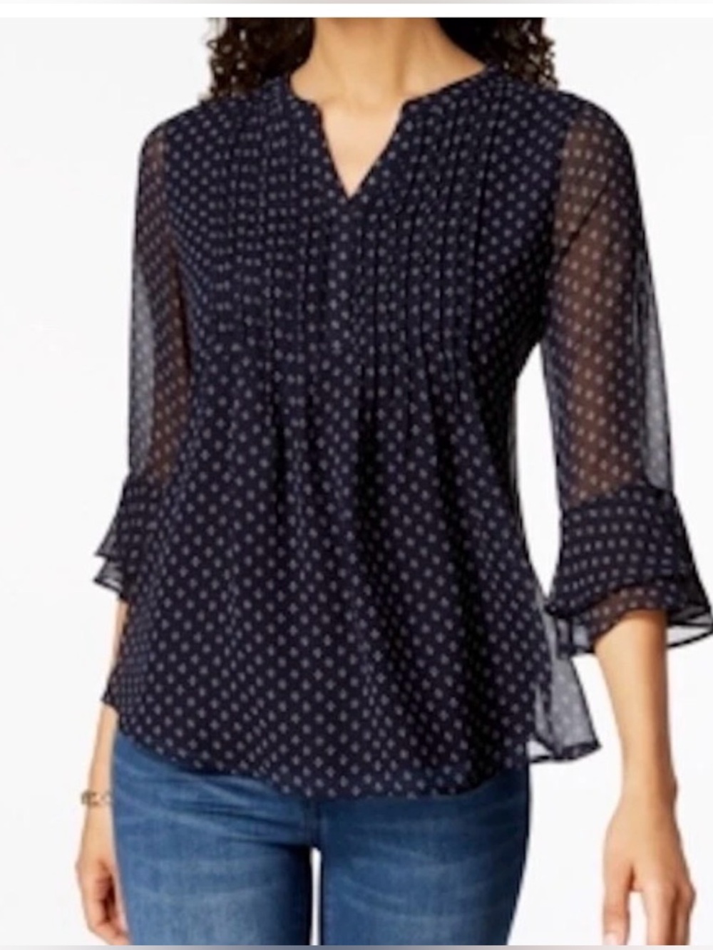 Charter Club Womens Print  Pintuck 3/4 Sheer Sleeve Top Intrepid Blue White PL